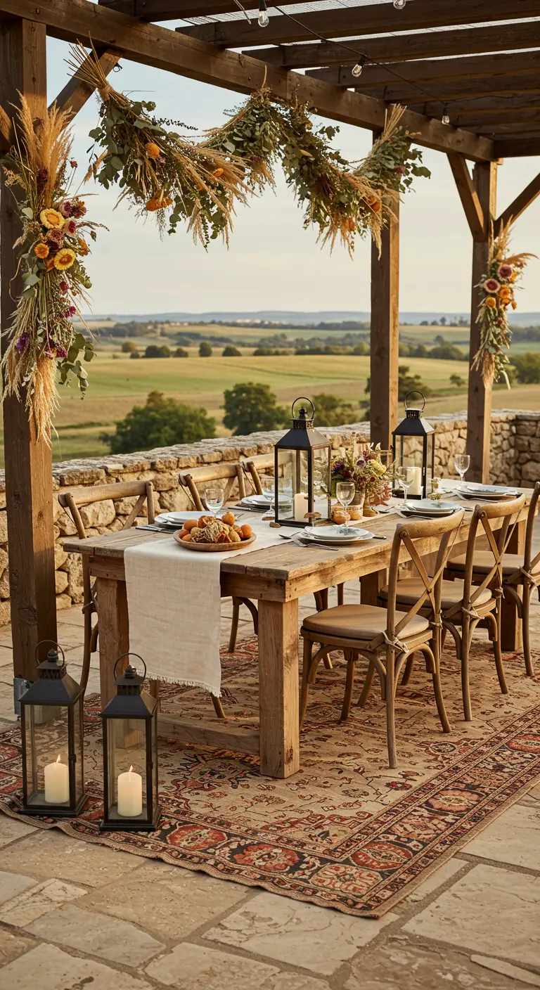Salle à manger extérieure rustique sur patio en pierre, avec table en bois, chaises, lanternes noires et guirlandes florales séchées sous pergola.