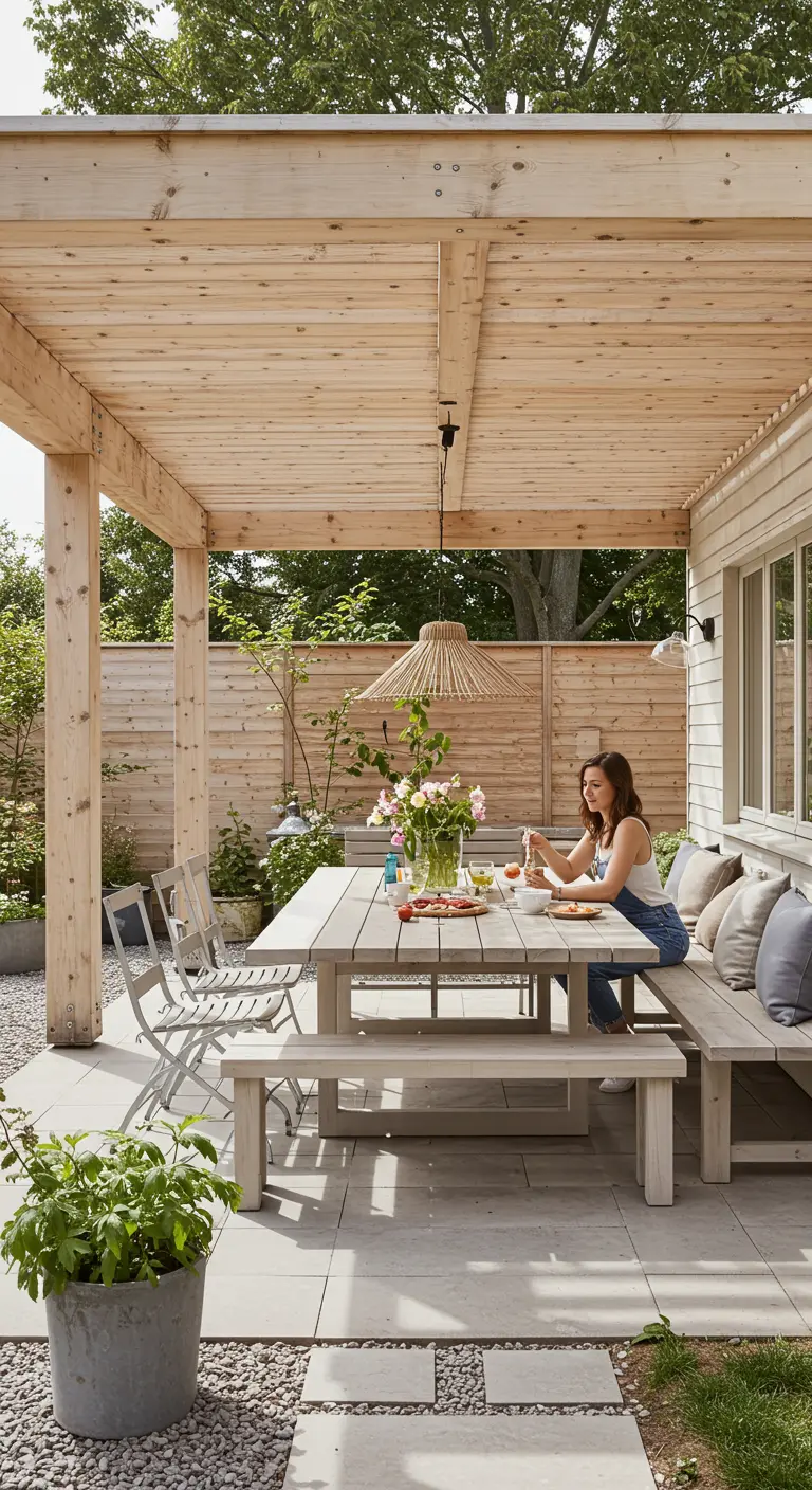 Grande table à manger avec des bancs sous une pergola en bois clair, avec une femme qui mange.