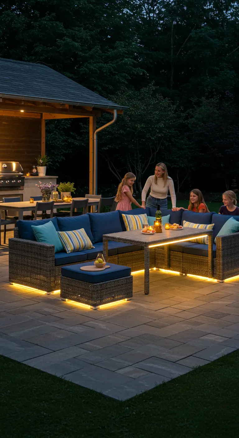 Canapé d'angle repas avec LED chaudes, coussins bleu/jaune sur patio familial.