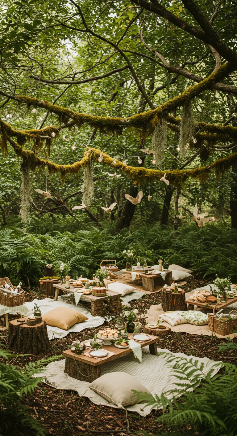 Pique-nique rustique dans une forêt dense, tables en souches, guirlandes.