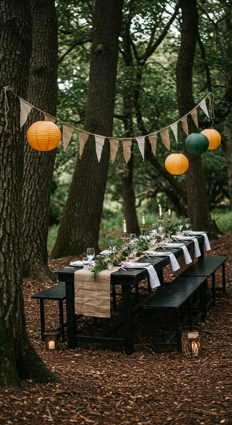 Dîner en forêt avec longue table en bois sombre, chandeliers, lampions orange et vert, et fanions en toile de jute.