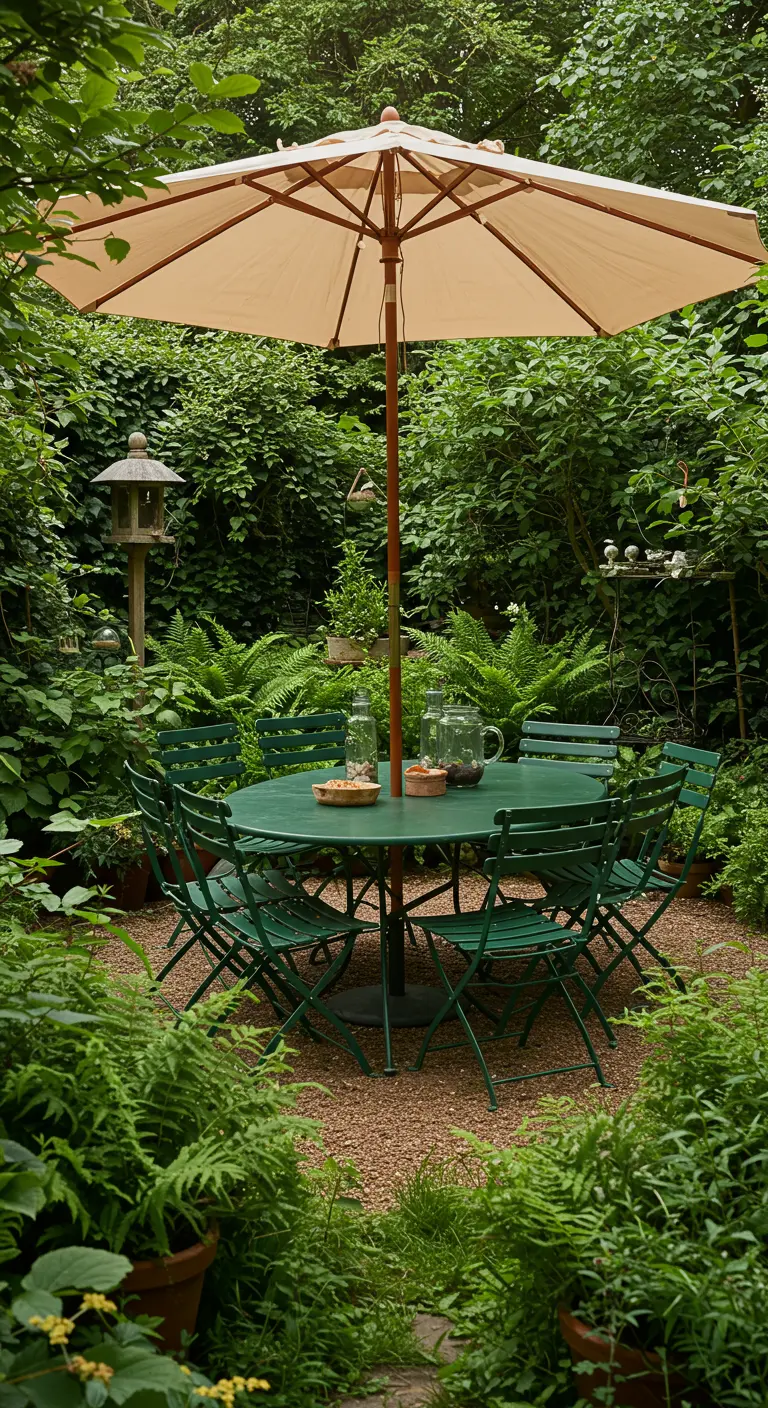 Ensemble repas vert foncé sous parasol beige, entouré de végétation luxuriante et de fougères.