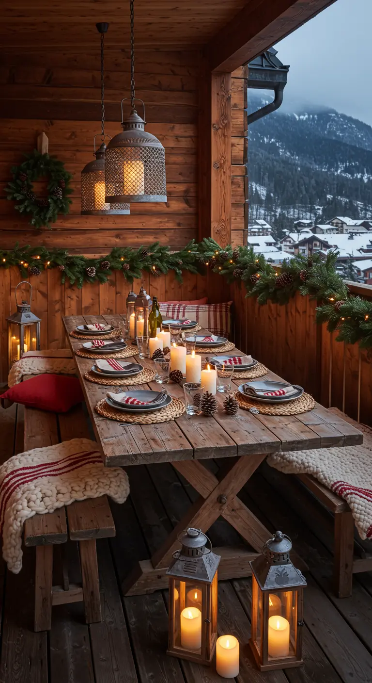 Grande table en bois sur balcon chalet, décorée pour un repas festif hivernal.
