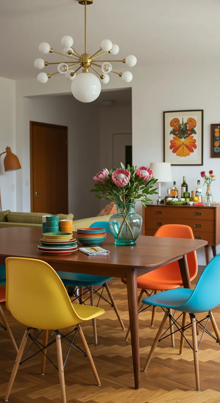 Table de salle à manger avec chaises Eames colorées, vaisselle assortie et bouquet de protéas.