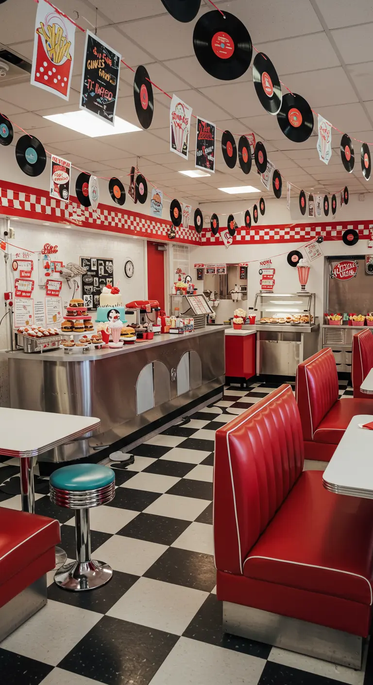 Guirlande de disques vinyles et d'affiches vintage dans un diner rétro rouge et blanc.