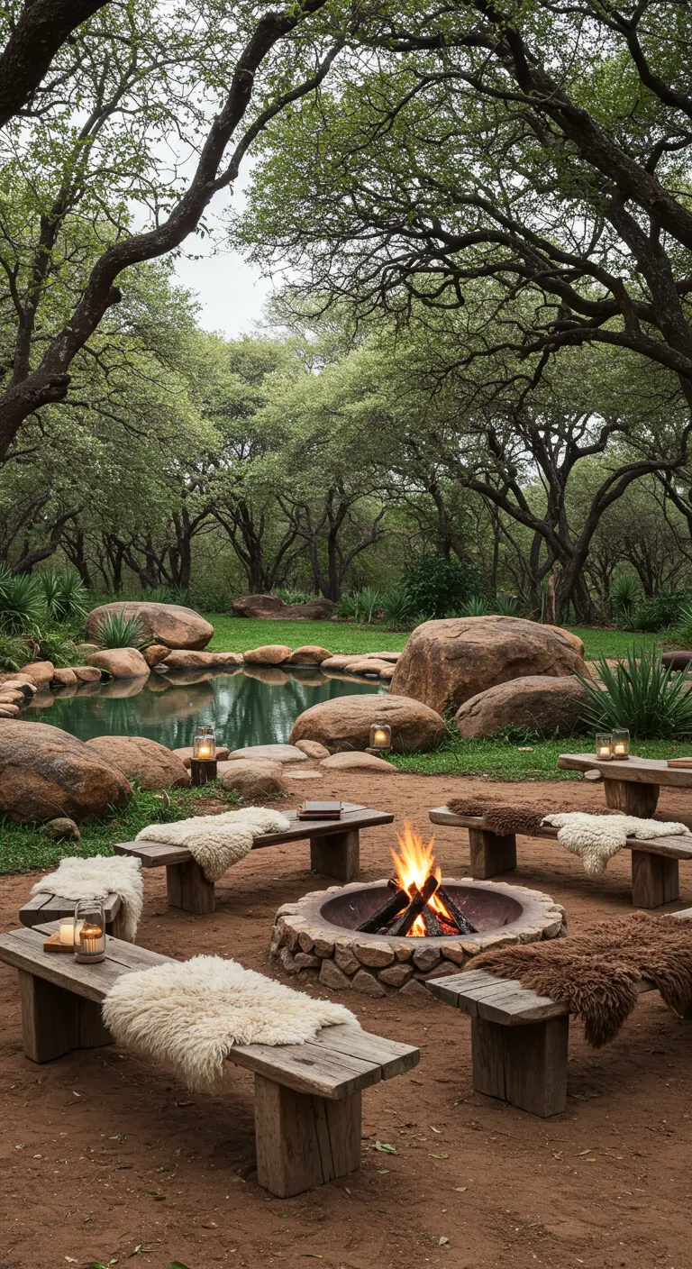 Coin feu rustique avec bancs en bois, peaux de mouton et étang naturel dans une forêt.