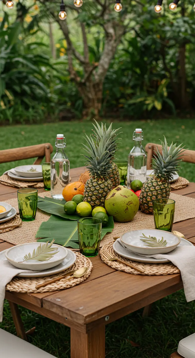 Table en bois avec sets de table tressés, ananas, noix de coco, citrons verts, verres verts et bouteilles d'eau.