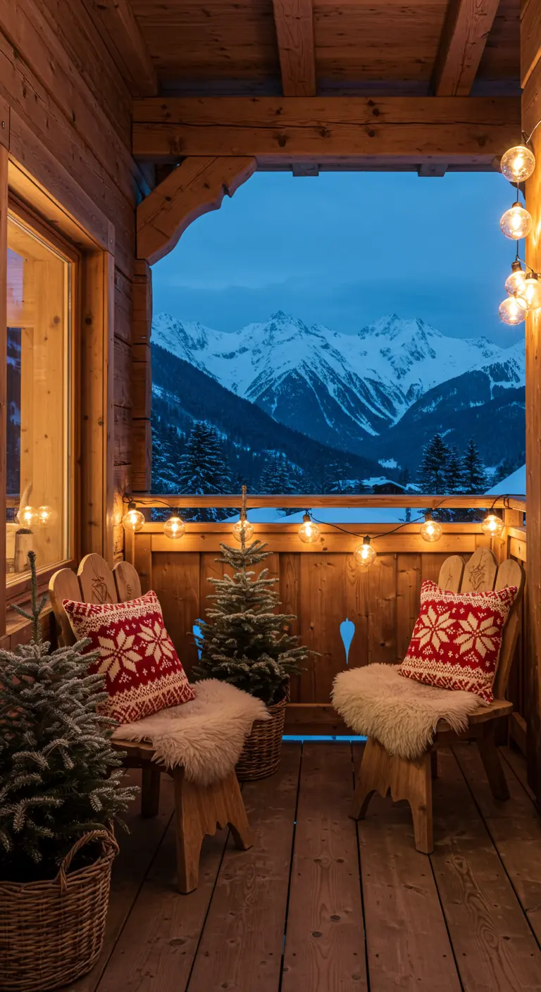 Balcon de chalet en hiver avec peaux de mouton et coussins de Noël.