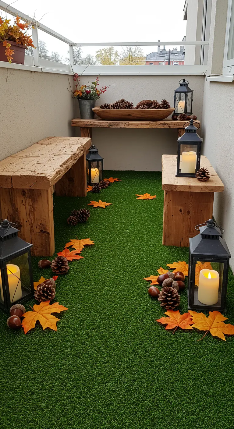 Petit balcon avec des bancs en bois rustique, des lanternes et des feuilles d'automne au sol.