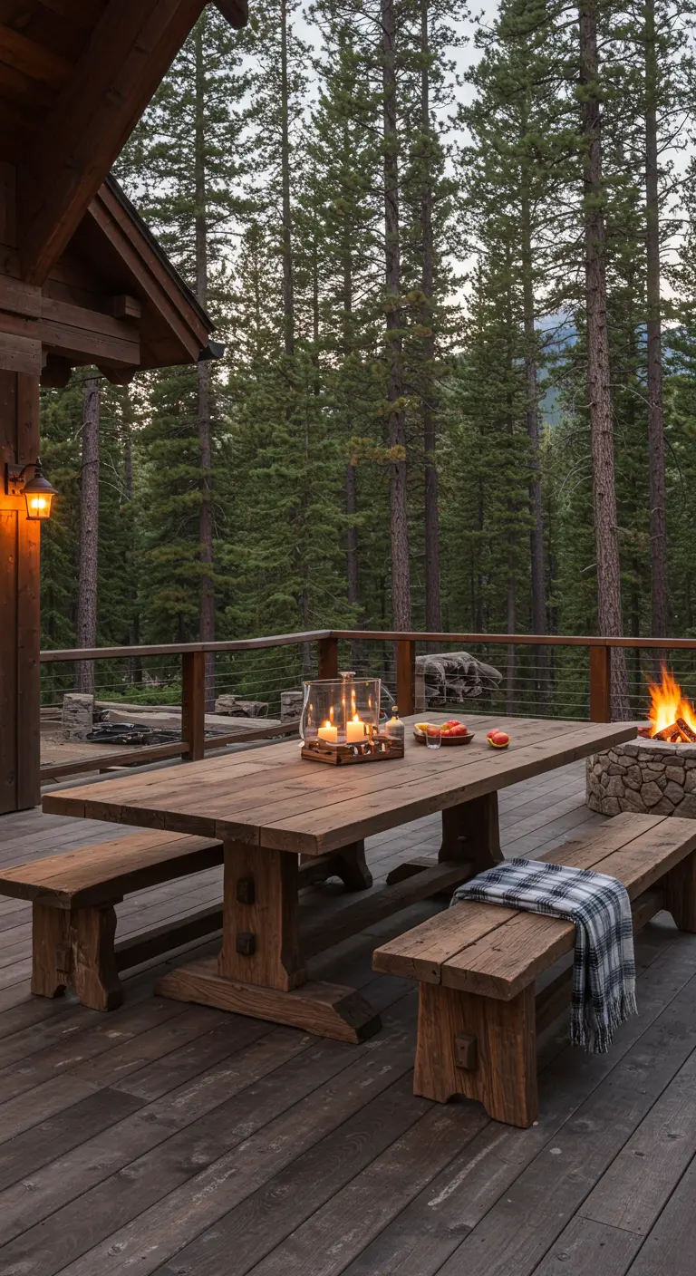 Grande table en bois rustique sur une terrasse en forêt avec un feu de camp.