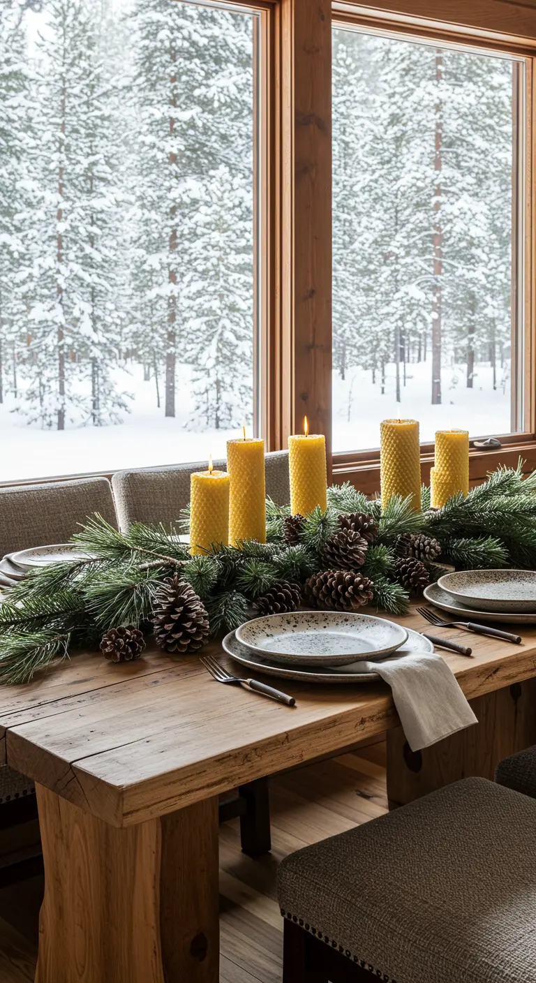 Table de chalet rustique avec bougies en cire d'abeille et guirlande de pin.