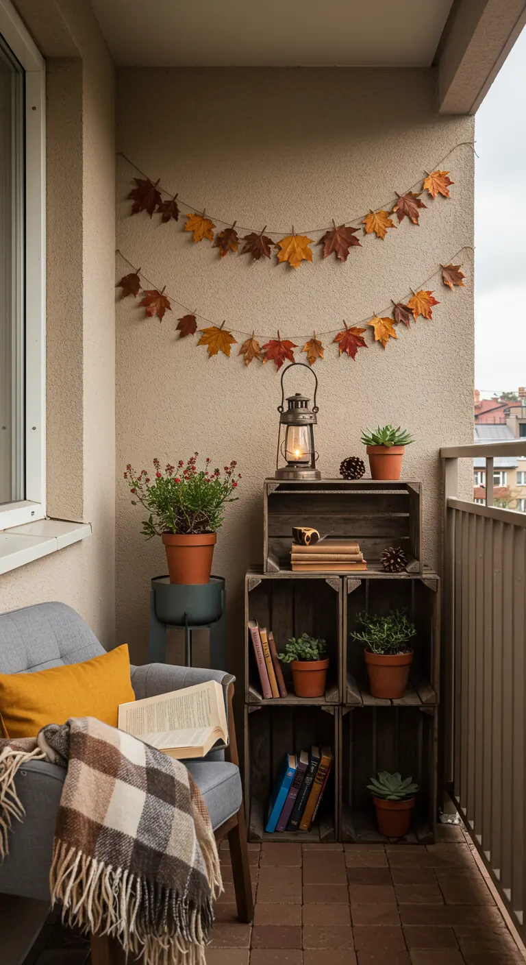 Coin lecture sur un balcon avec des caisses en bois et une guirlande de feuilles.