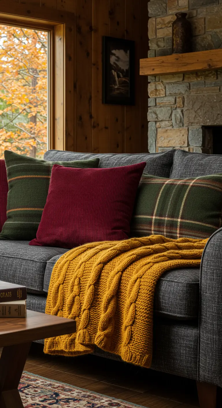 Canapé gris foncé avec des coussins en velours côtelé bordeaux, à motif tartan, et un plaid en tricot jaune.