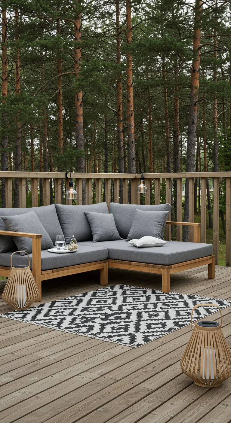 Canapé d'extérieur en bois et gris sur une terrasse en bois, face à une forêt de pins.
