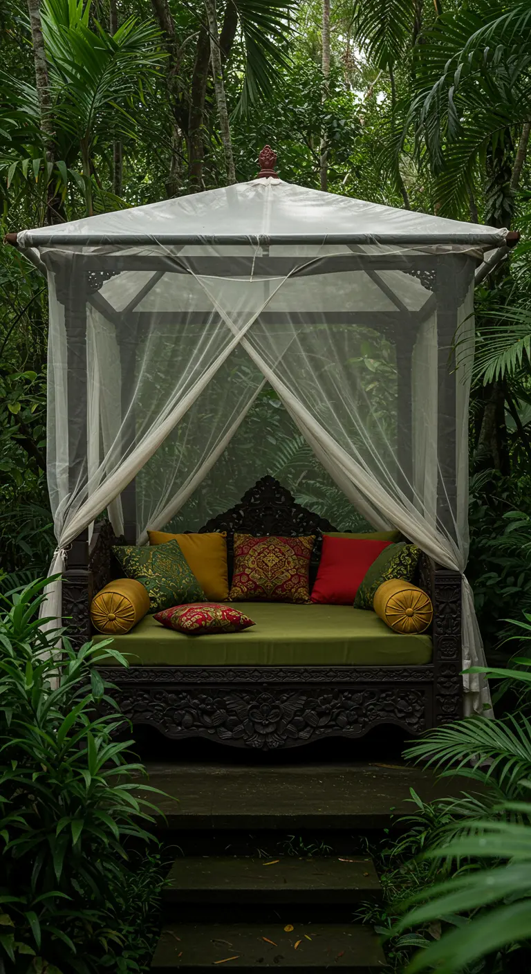 Lit de jour balinais en bois sculpté dans une végétation luxuriante