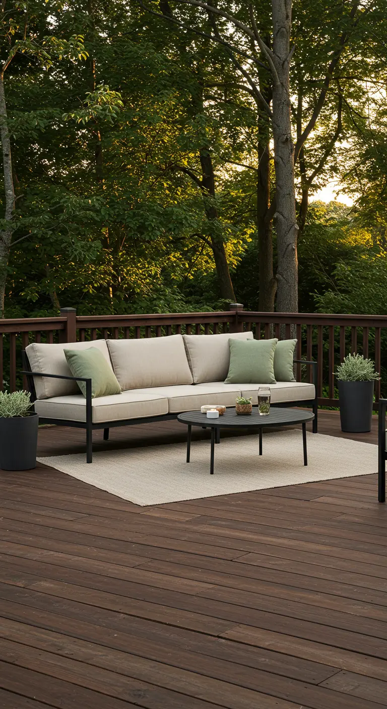 Canapé noir et écru sur une terrasse en bois, entouré d'arbres.