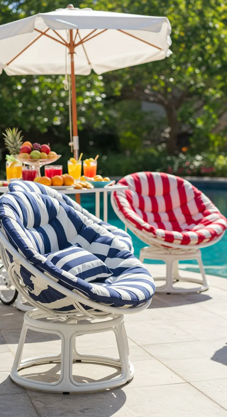 Deux fauteuils papasan à rayures bleues et rouges au bord d'une piscine avec parasol et boissons.