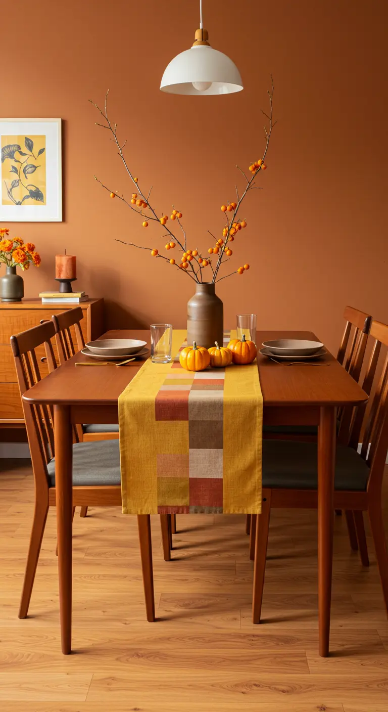 Table à manger Mid-Century avec un chemin de table graphique et des citrouilles oranges.