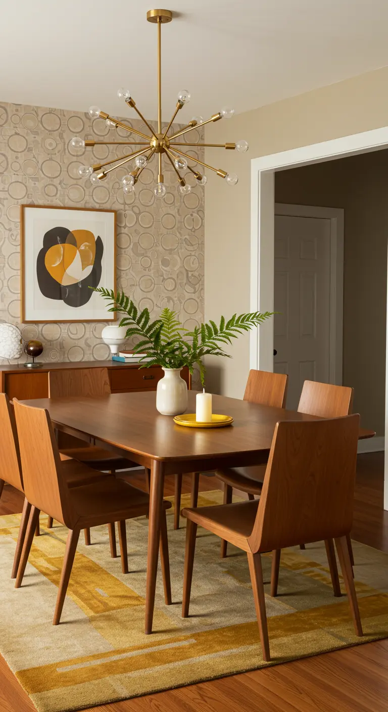 Centre de table d'inspiration Mid-Century avec fougère, bougie et coupelle jaune.