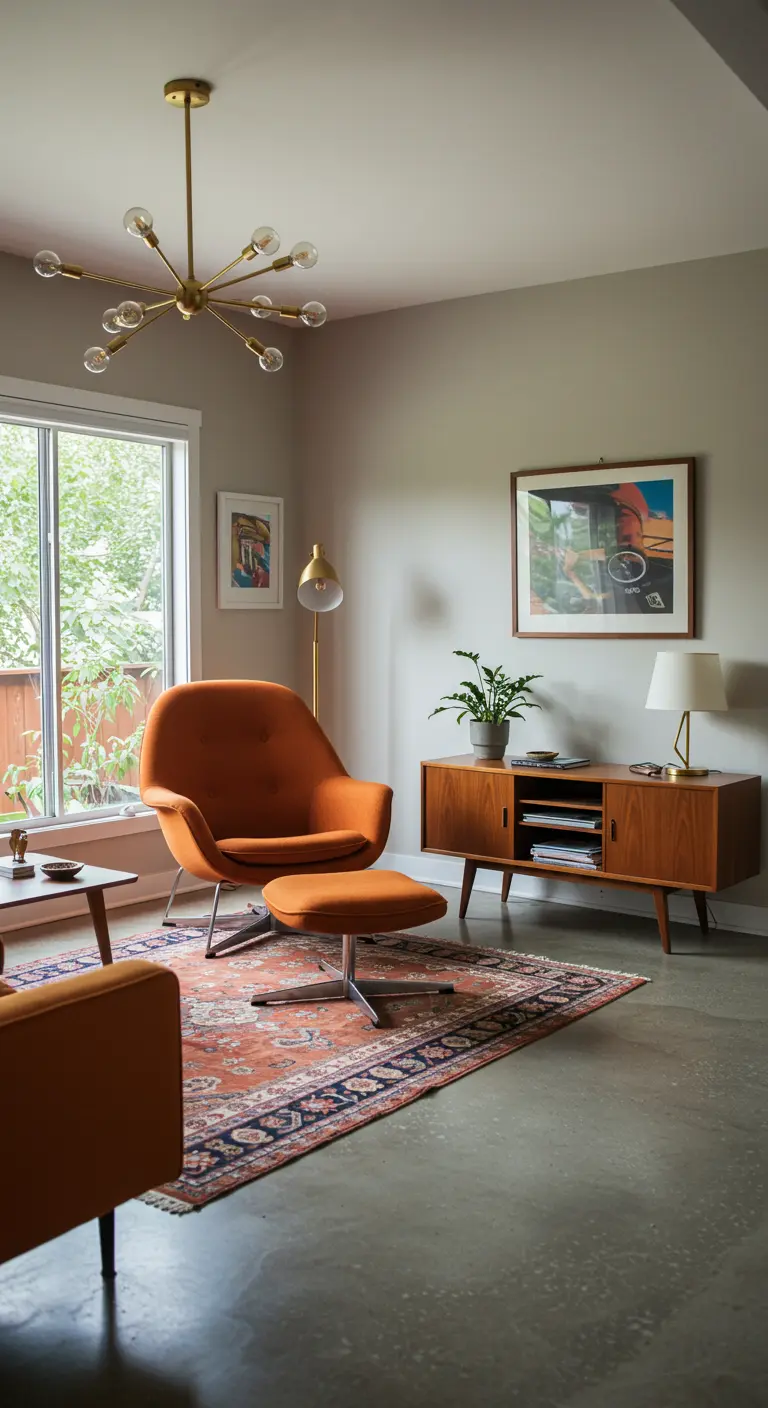 Salon Mid-Century Modern avec fauteuil orange, buffet en teck et tapis persan.