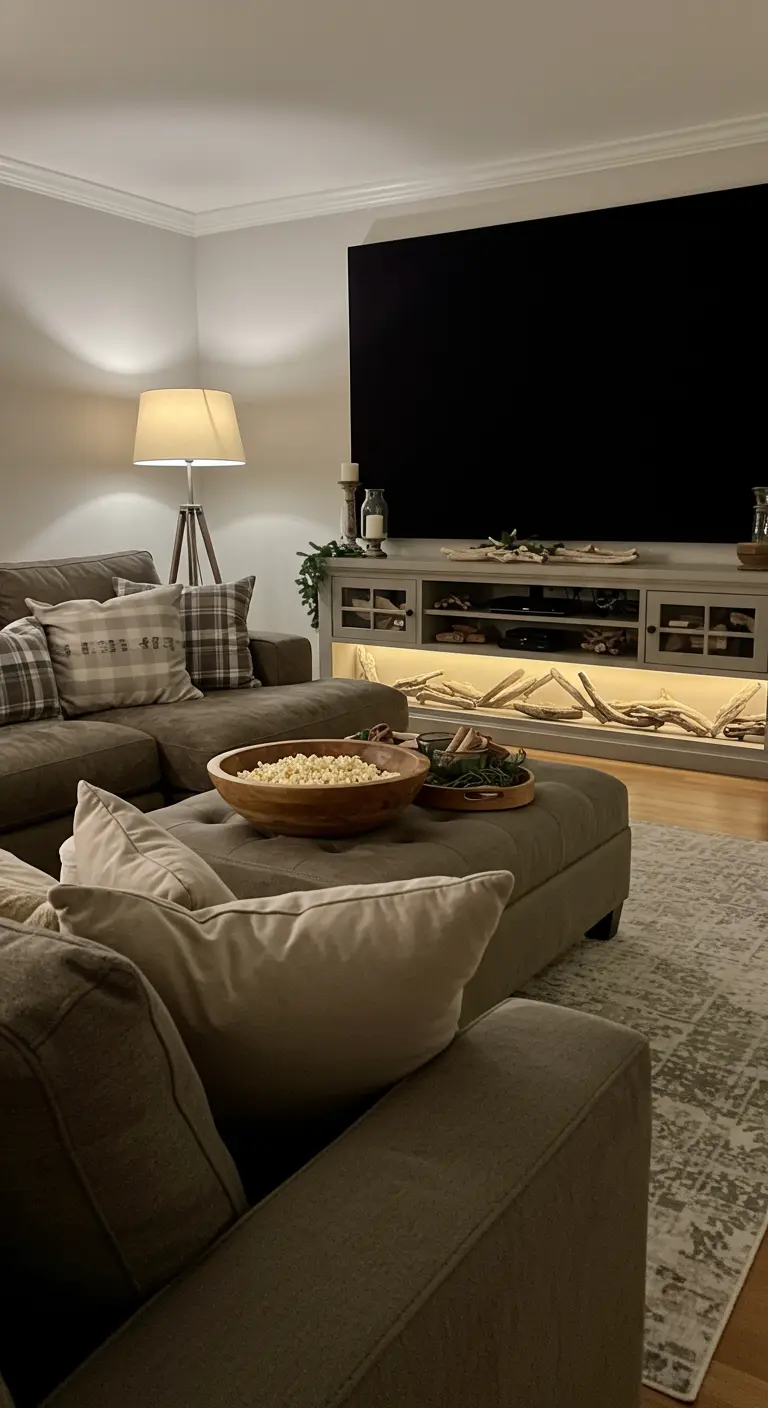 Meuble TV avec des branches de bois flotté illuminées par derrière.