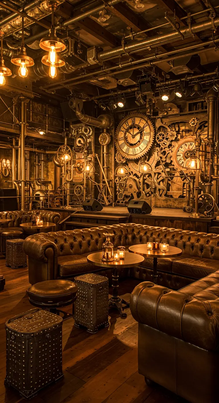 Bar steampunk avec engrenages, tuyaux apparents, éclairage industriel et canapés en cuir.