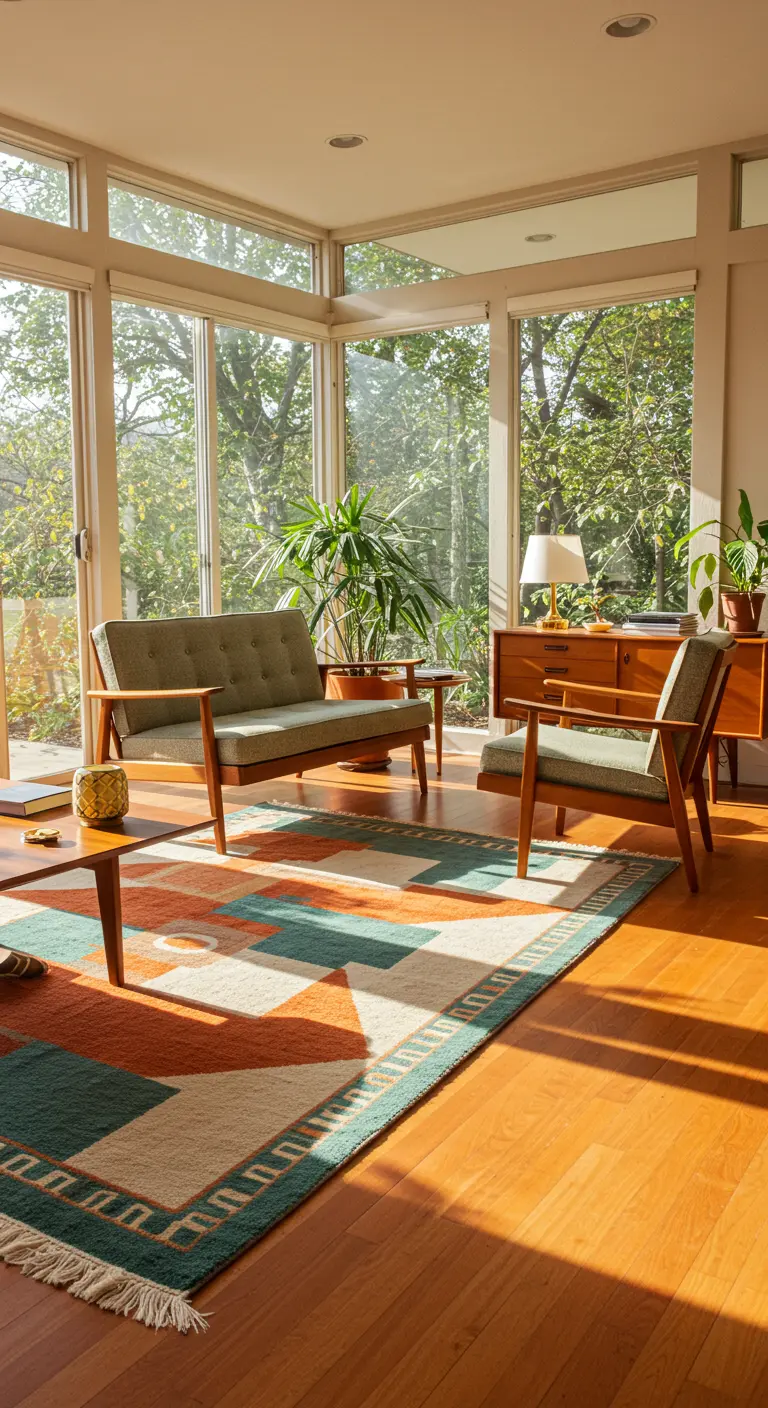Salon Mid-Century avec mobilier en bois et tapis à motifs géométriques colorés.