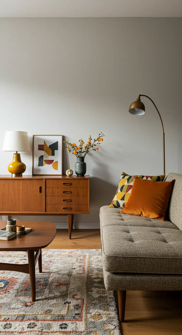 Canapé Mid-Century avec un coussin à motif géométrique et un coussin ocre.
