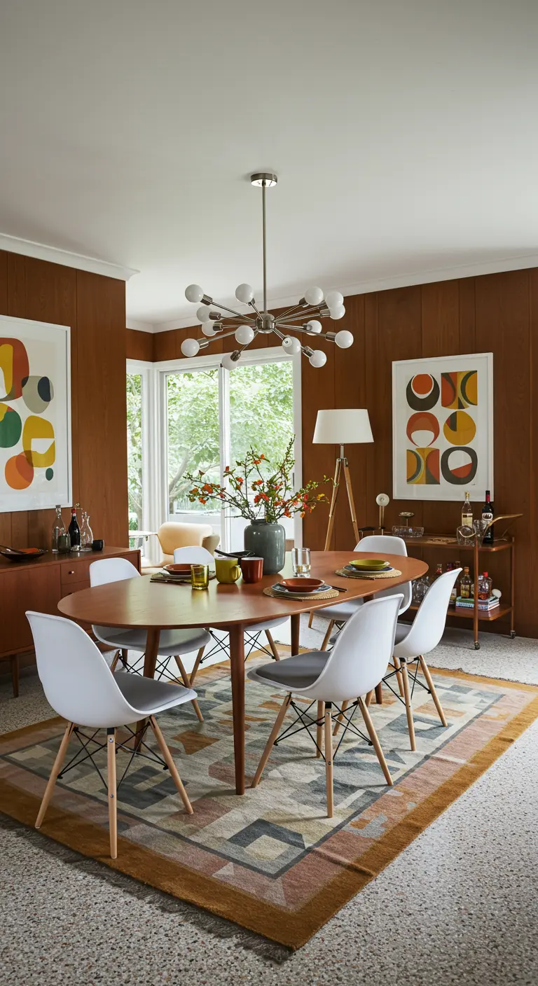 Salle à manger rétro moderne avec panneaux en bois, table ovale et touches de couleurs vives.