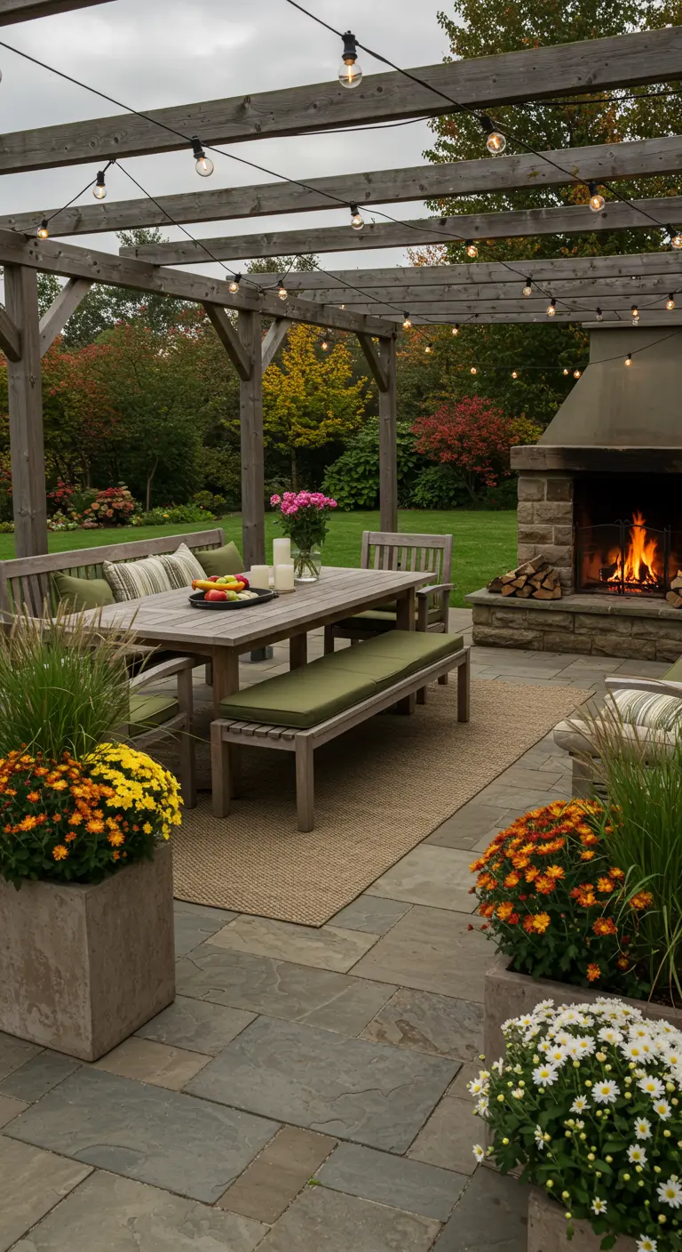 Terrasse avec grande table en bois, foyer en pierre, pergola lumineuse et chrysanthèmes.
