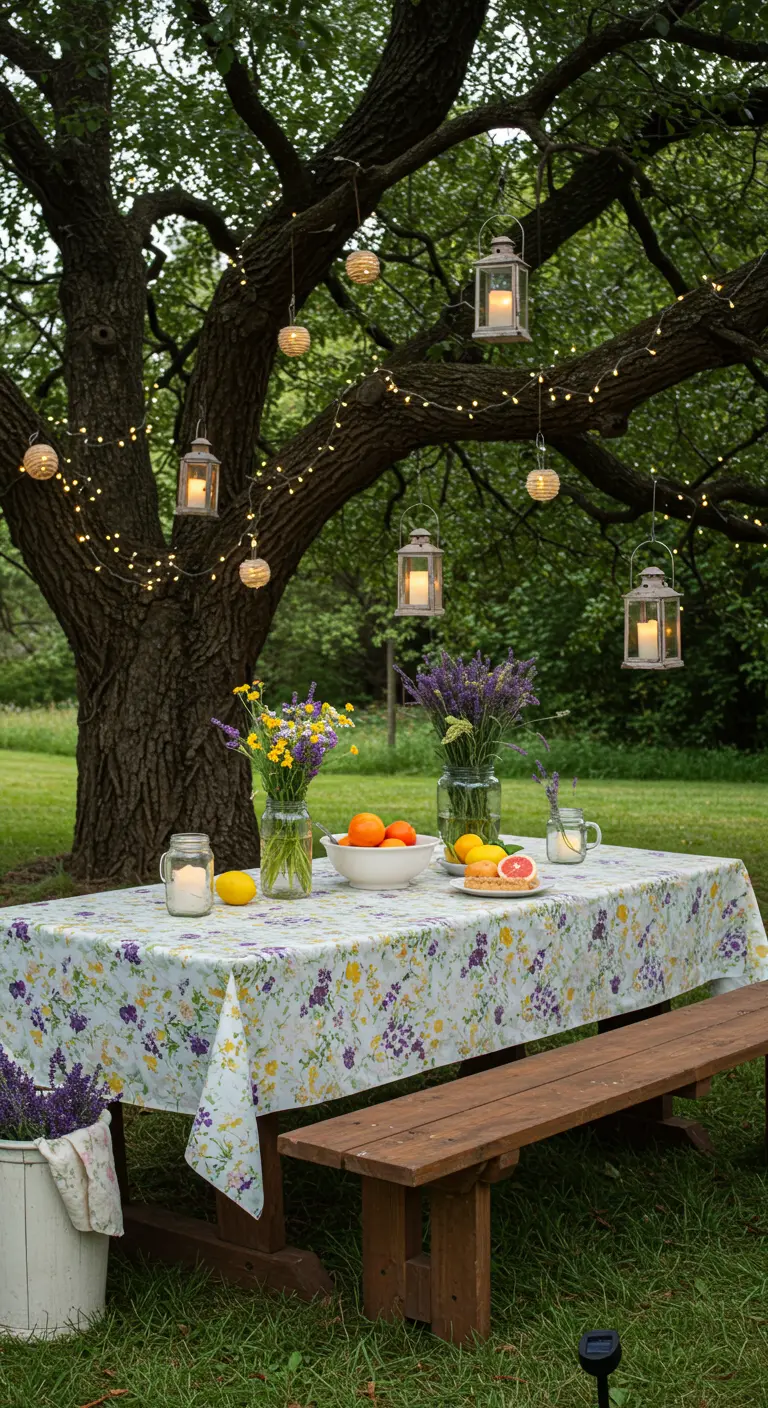 Table de pique-nique sous un grand arbre avec nappe fleurie, guirlandes lumineuses et lanternes suspendues.