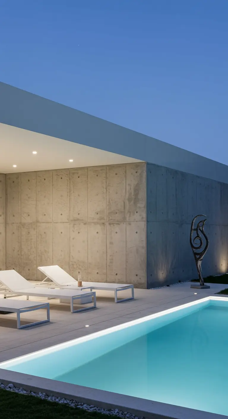 Piscine moderne minimaliste avec éclairage LED bleu, chaises longues blanches et mur en béton.