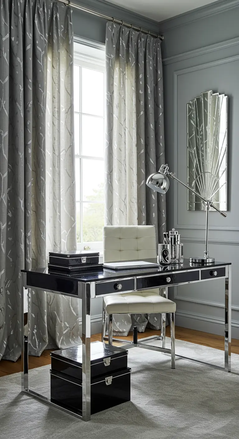Bureau noir et chrome de style Art Déco avec un miroir en éventail.