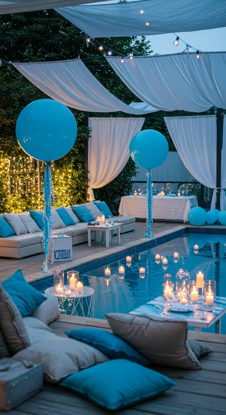 Piscine décorée en bleu et blanc avec ballons géants et drapés.