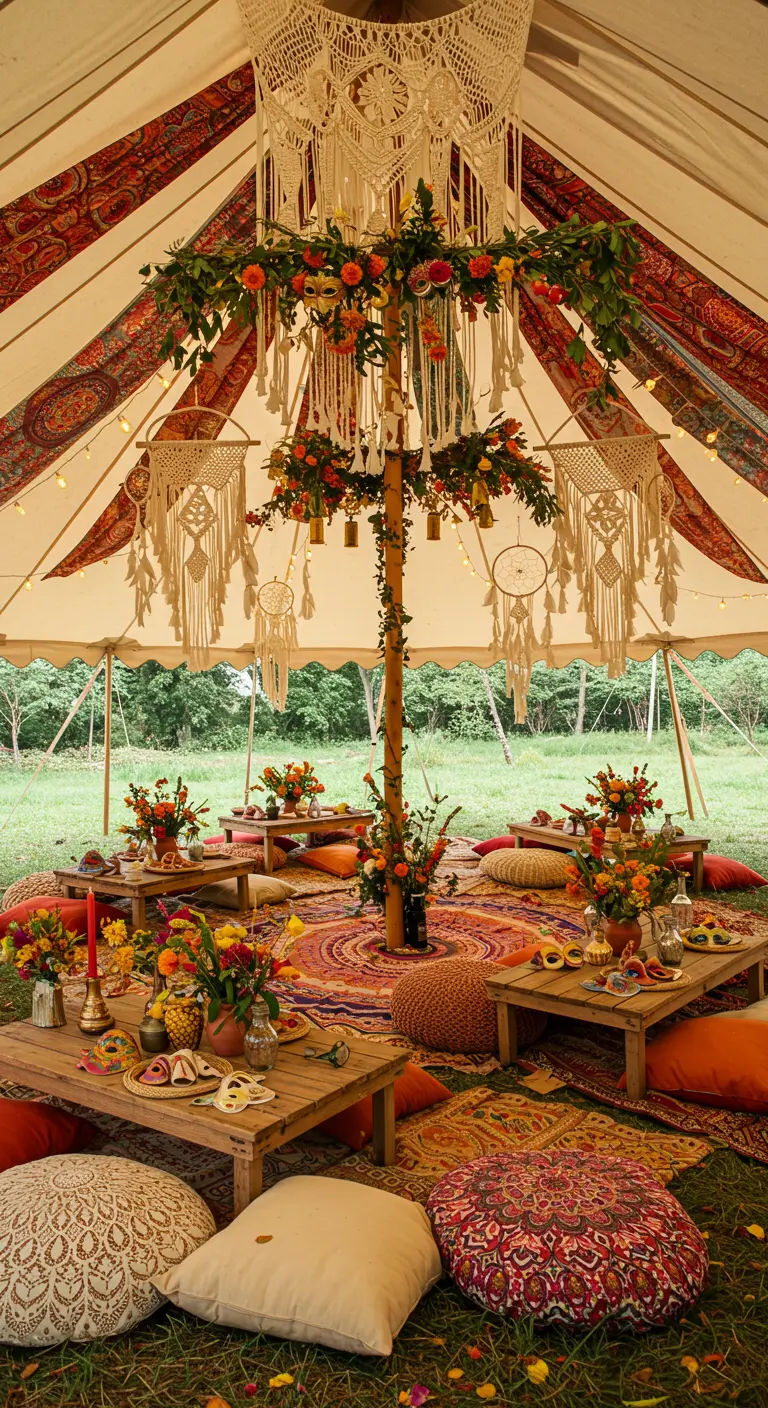 Tente bohème avec tapis, coussins au sol, petites tables fleuries et masques décoratifs.