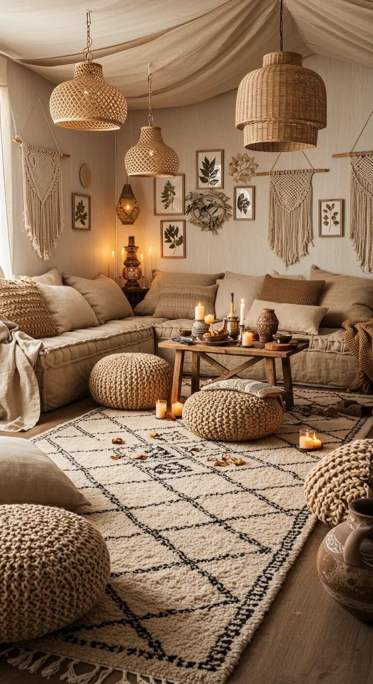 Salon bohème neutre avec canapé bas, tapis berbère, poufs tricotés, suspensions en rotin et décorations murales.