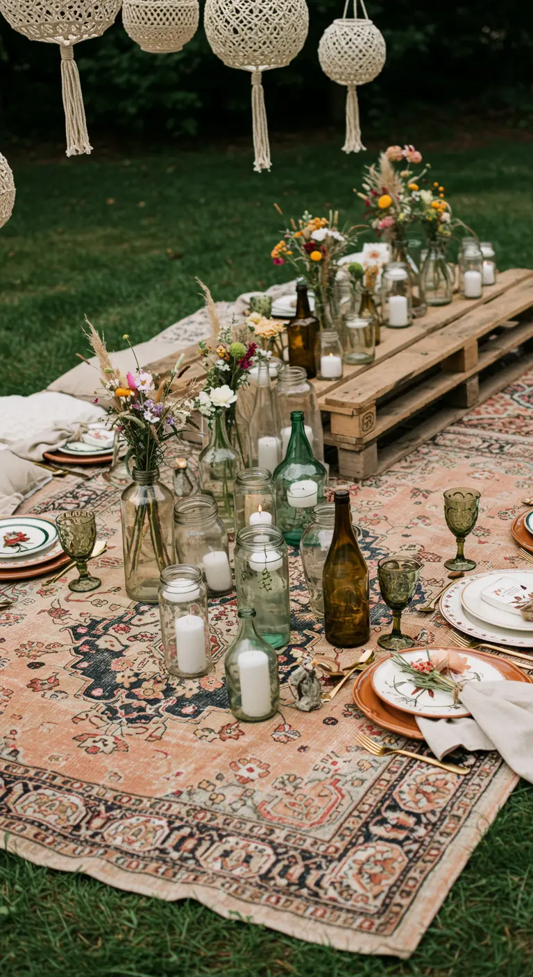 Pique-nique bohème sur tapis, table palette, bocaux de fleurs et bougies, suspensions macramé.