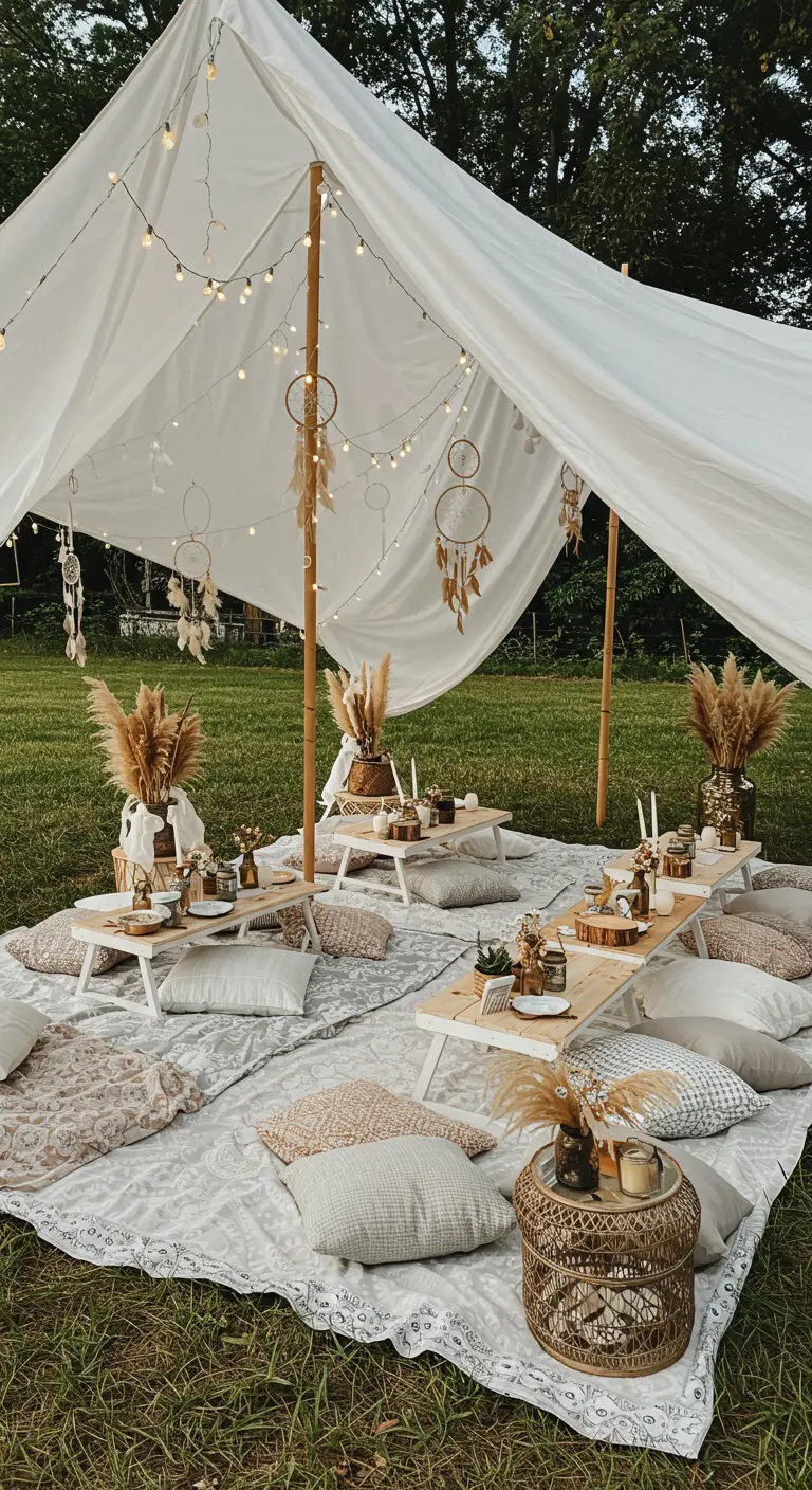 Pique-nique bohème sous une tente blanche avec attrape-rêves et herbe de pampa.