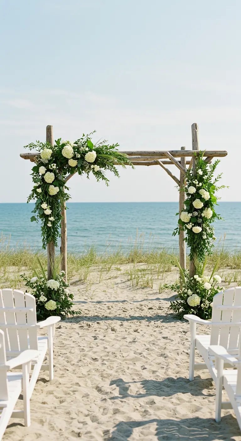 Arche rustique en bois flotté, fleurs blanches et feuillage vert sur une plage ensoleillée.