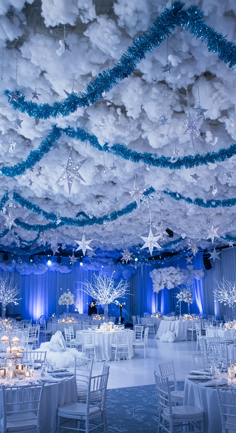 Plafond décoré de nuages en coton et d'étoiles argentées scintillantes.