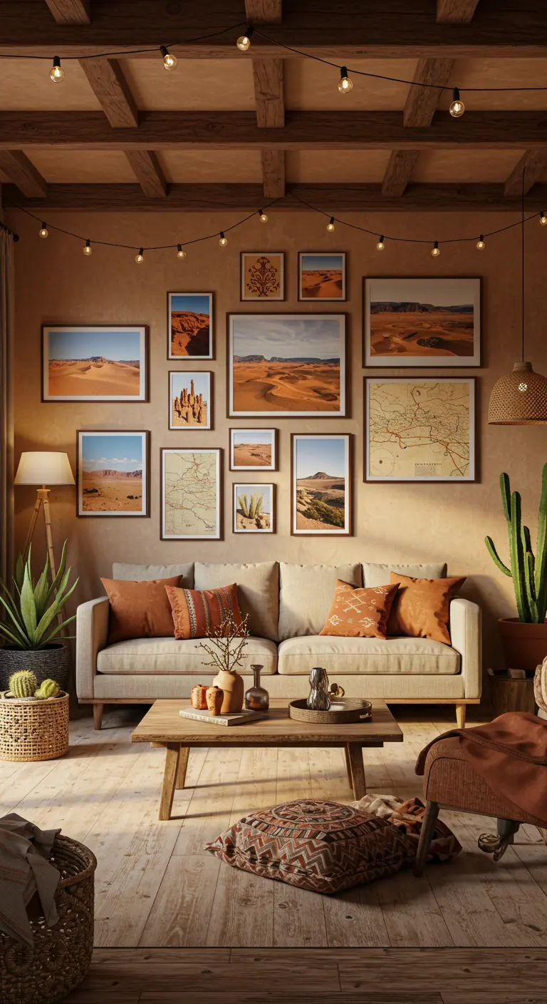 Salon aux tons chauds avec un mur de cadres de paysages désertiques, canapé beige, plantes grasses.
