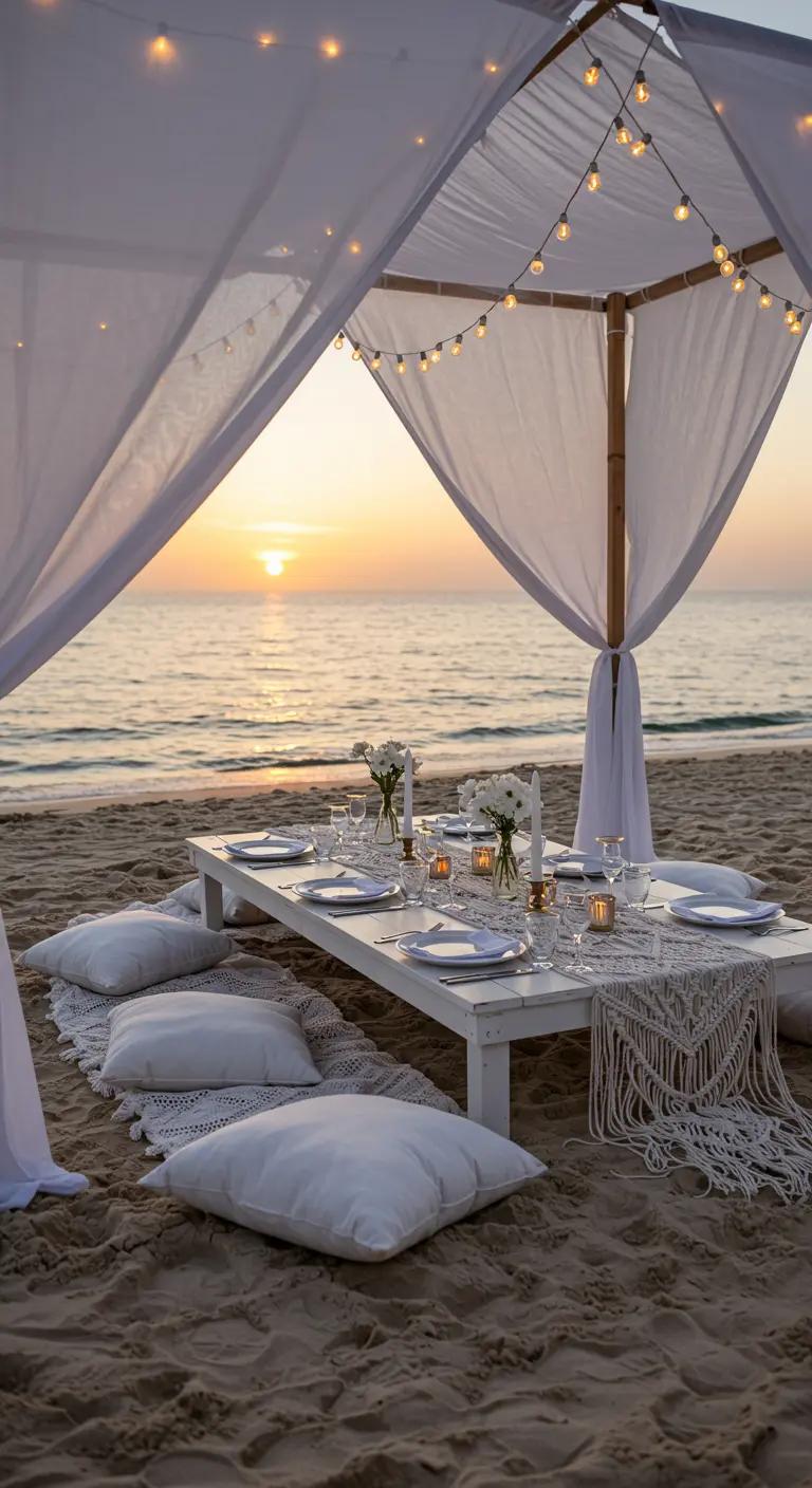 Pique-nique sur la plage avec un chemin de table en macramé blanc sous un auvent.