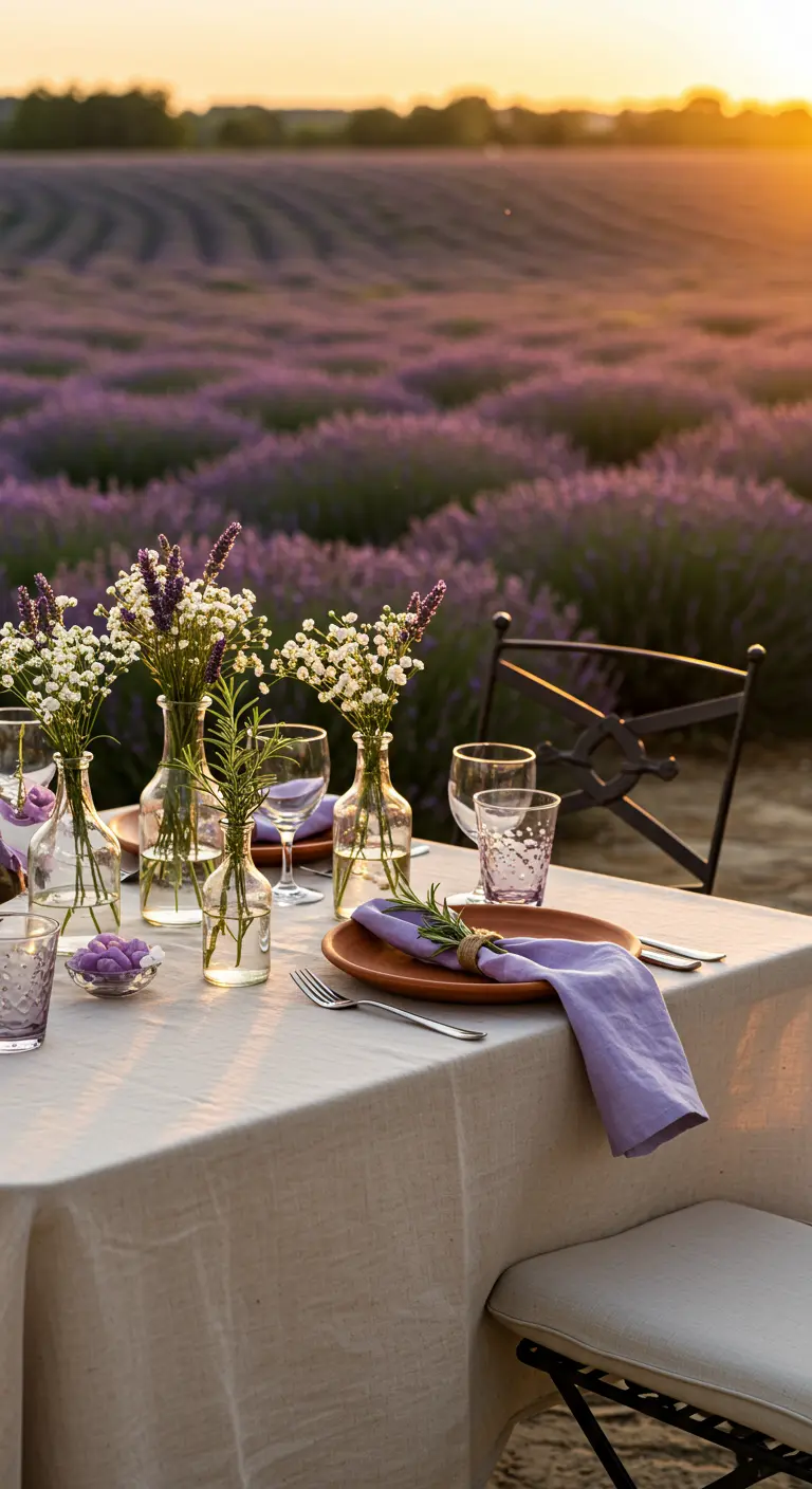 Table de dîner romantique dans un champ de lavande avec petits vases de fleurs et serviettes violettes.