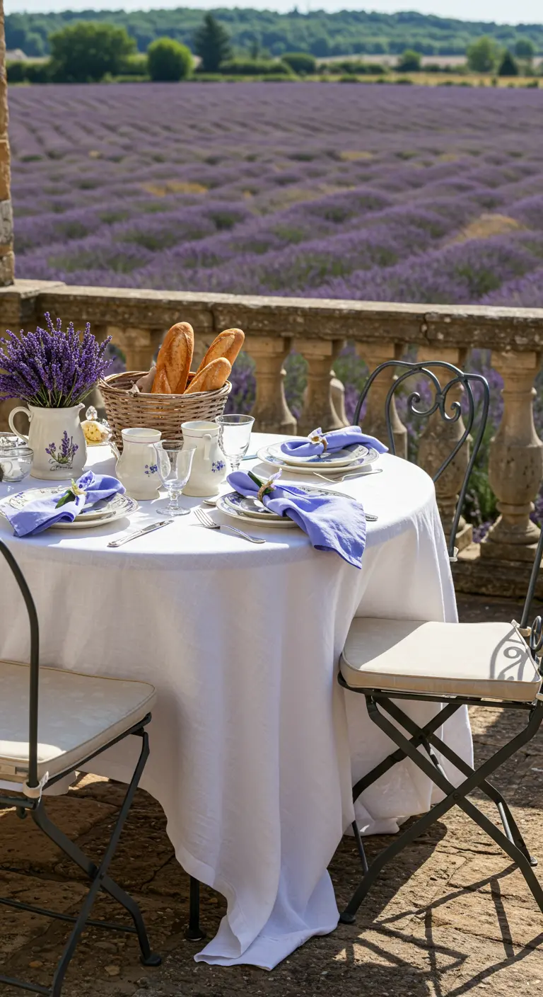 Table avec nappe blanche et serviettes lavande, surplombant un champ de lavande.