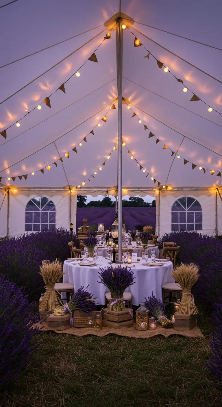 Table de fête dans un champ de lavande au crépuscule.