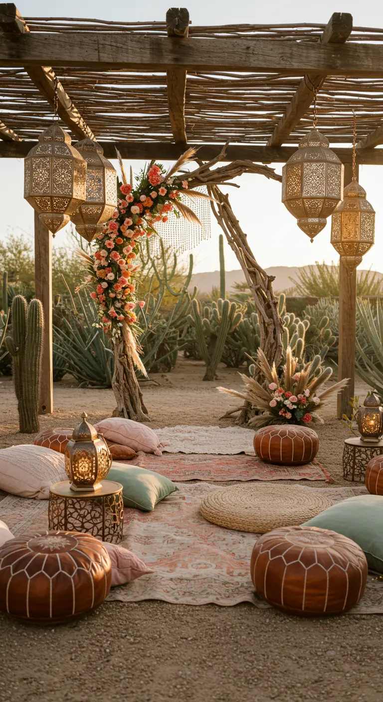 Décor de fête bohème dans le désert avec une arche en bois, des lanternes marocaines et des poufs.