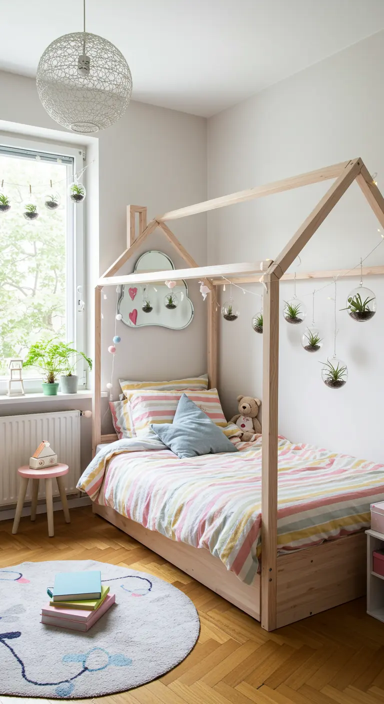 Chambre d'enfant avec lit cabane, literie pastel, miroir nuage et mini-terrariums suspendus avec lumières.