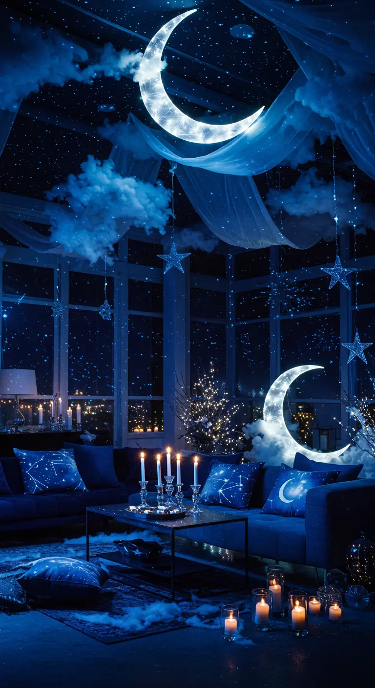 Un salon transformé en ciel étoilé avec de grandes lunes lumineuses, des étoiles et des tissus bleus drapés.