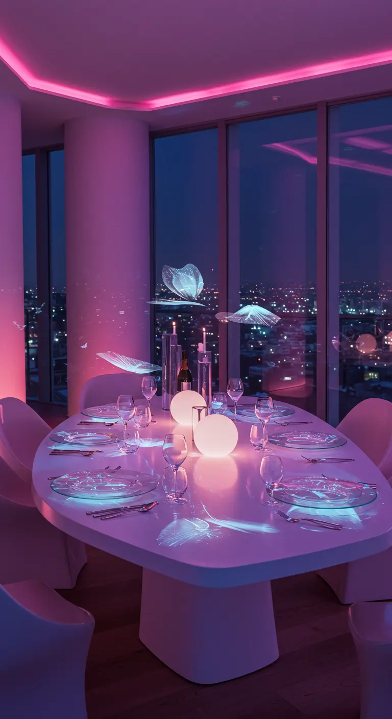 Table de dîner futuriste dans une pièce baignée de lumière rose et violette, avec des lampes sphériques.