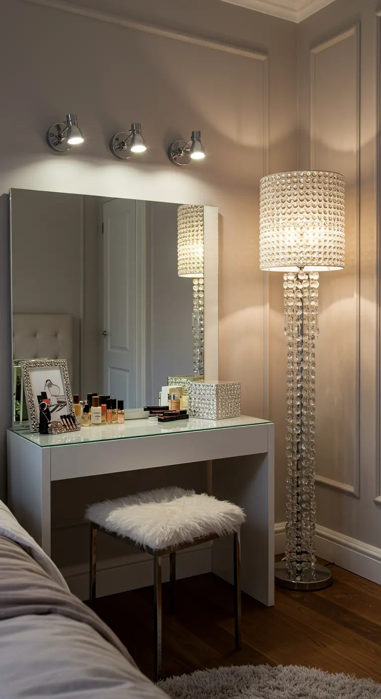 Coiffeuse blanche avec un grand lampadaire en cristal et des spots au-dessus du miroir.
